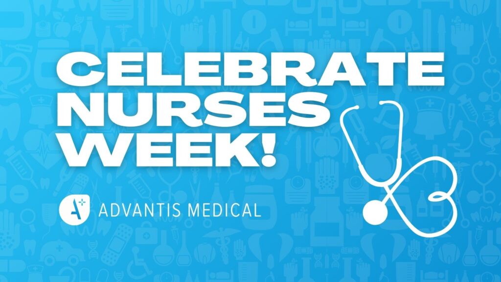 Blue celebrate Nurses Week graphic banner with stethoscope.