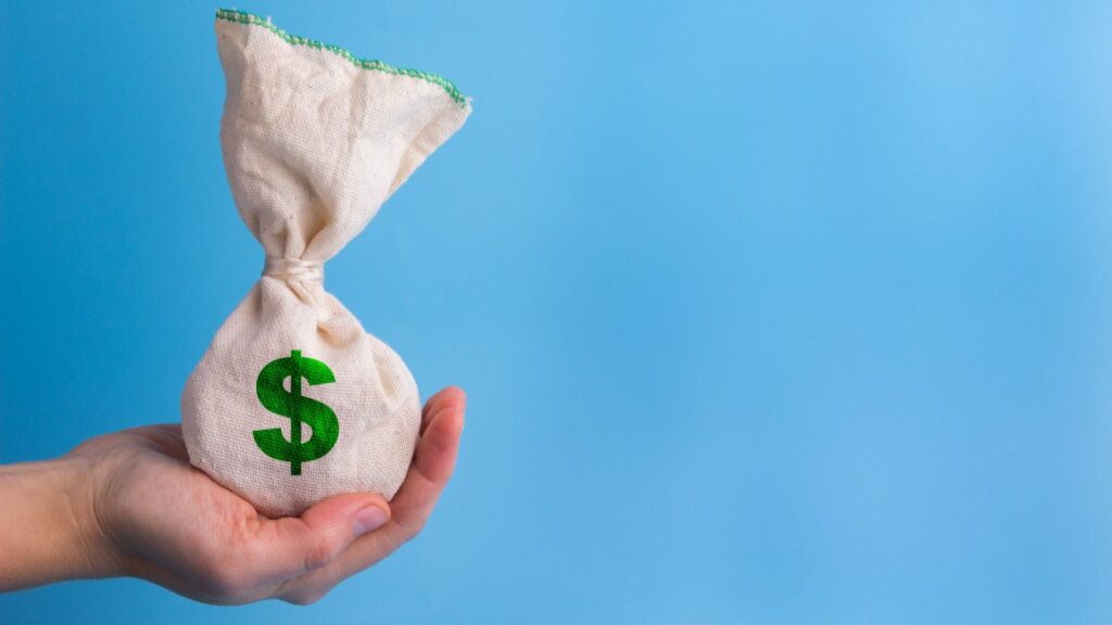 Blue background with a hand holding a bag of money with a dollar sign on the front.
