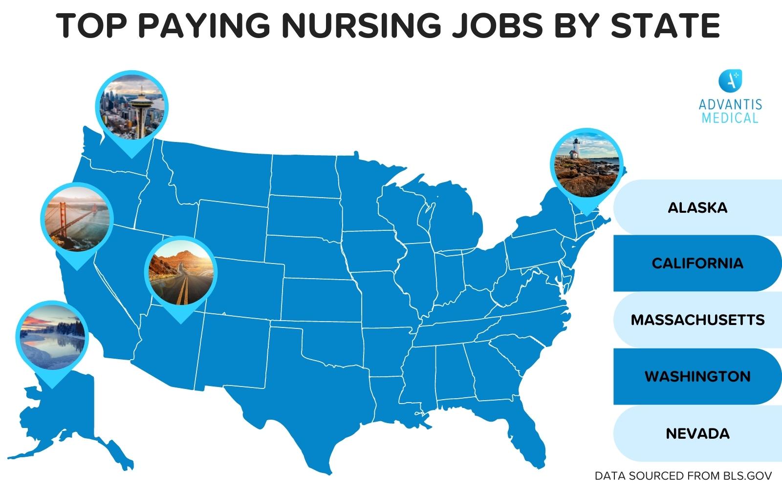 Map of top paying nursing jobs by state with how much money nurses make.