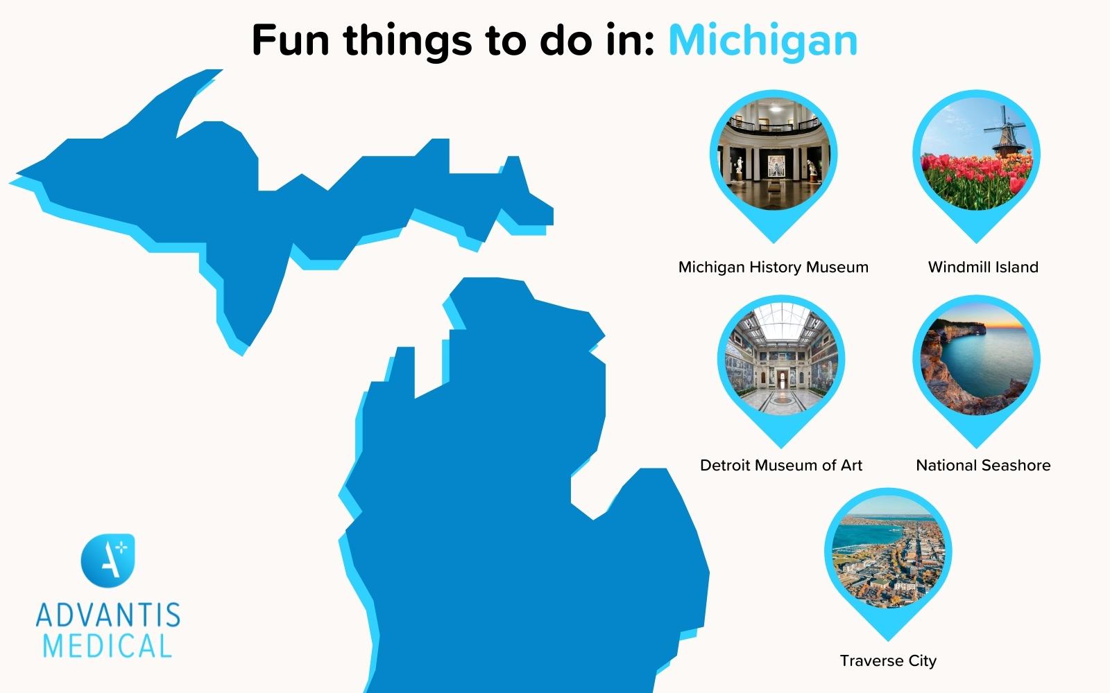 Fun things to do in Michigan map with popular destinations.