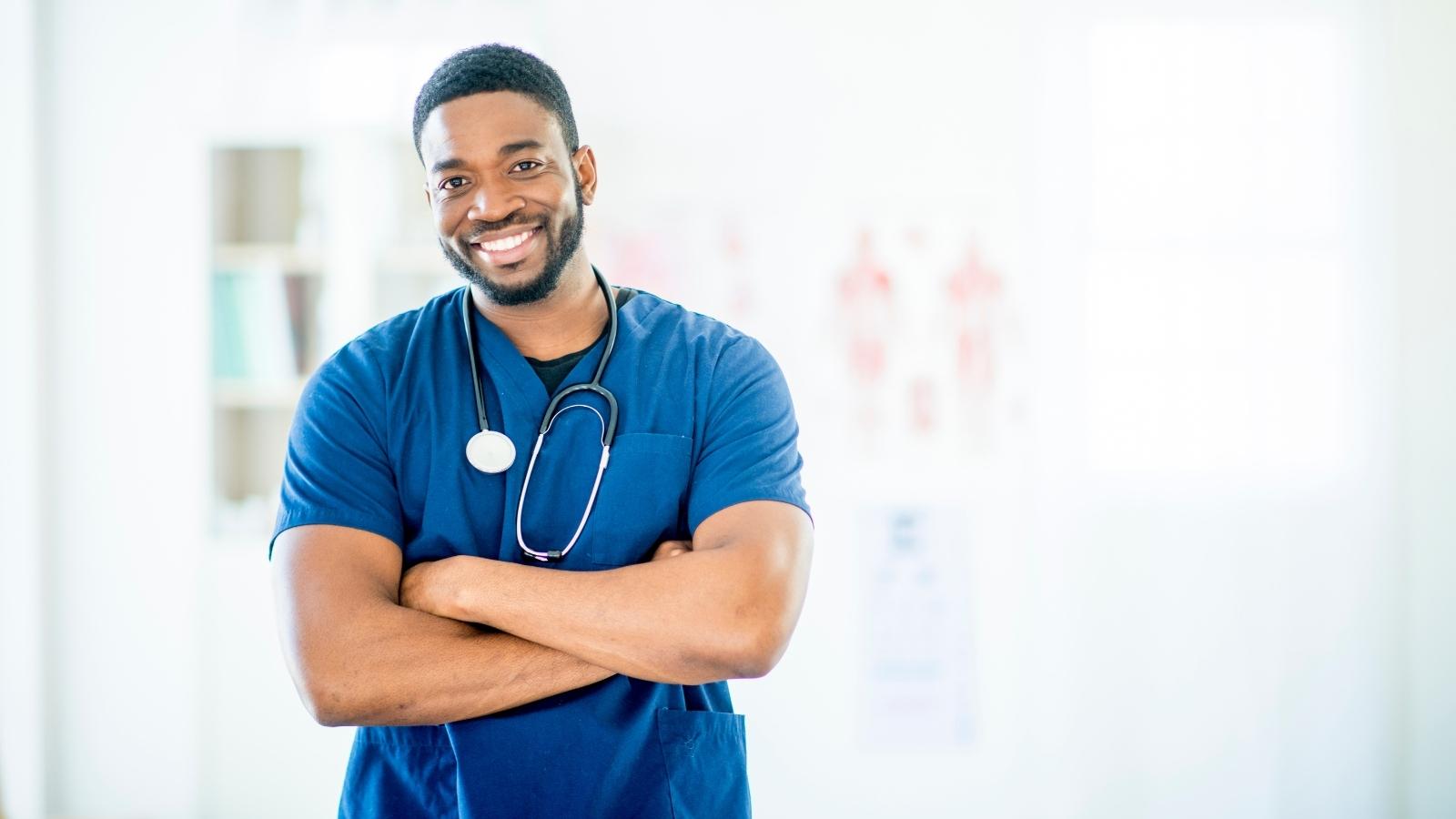 Men nurses wearing comfortable medical scrubs on duty