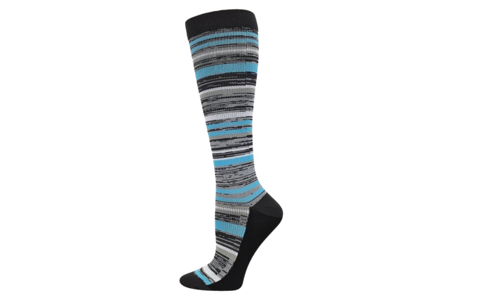 Striped Think Medical fun compression socks.