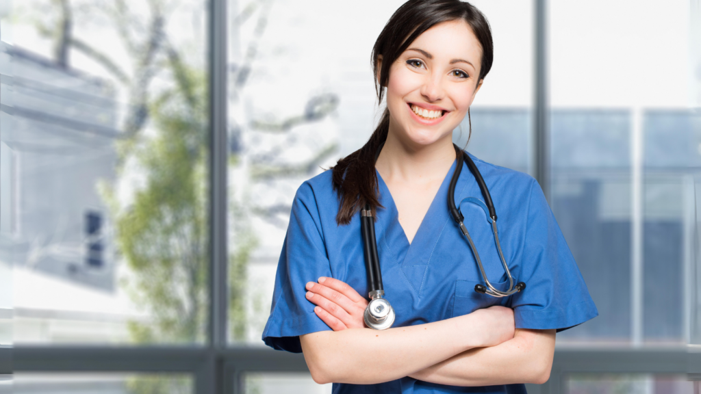 Smiling travel nurse checking her schedule and pay information