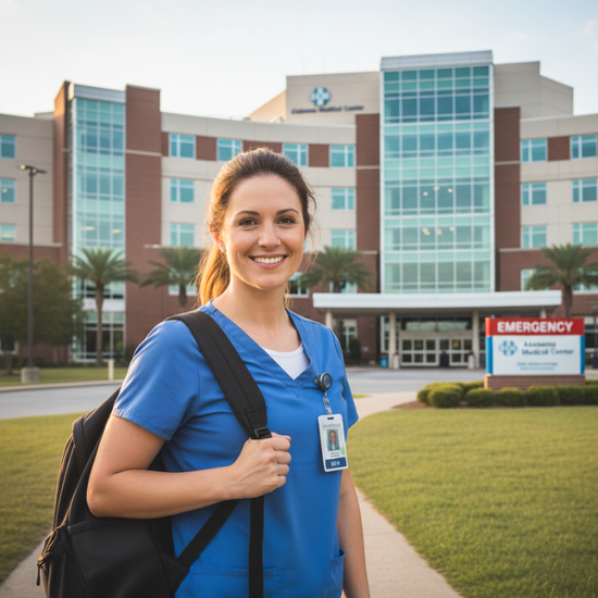 Happy female RN standing outside of a hospital at her new travel nursing job in Alabama