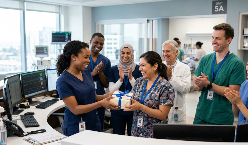 Diverse healthcare professionals collaborating at a hospital nursing station. 
