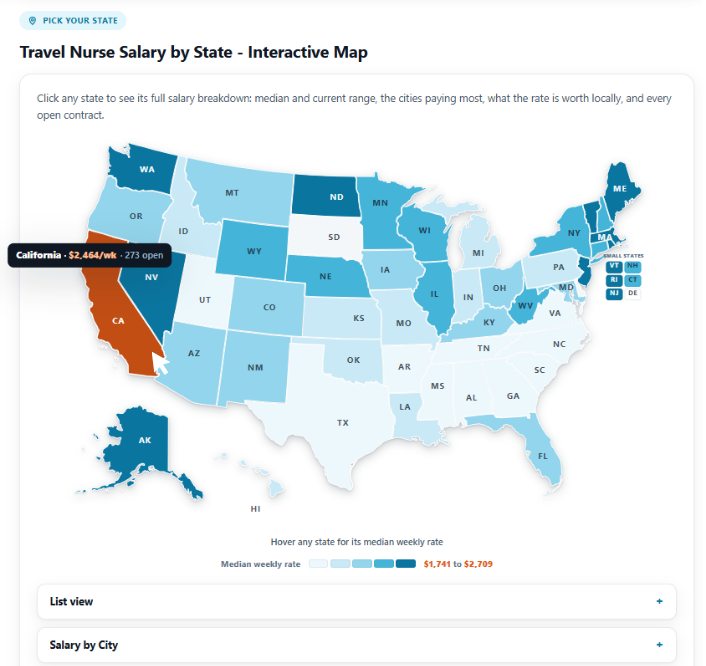 Interactive U.S. travel nurse salary map with state pay comparisons