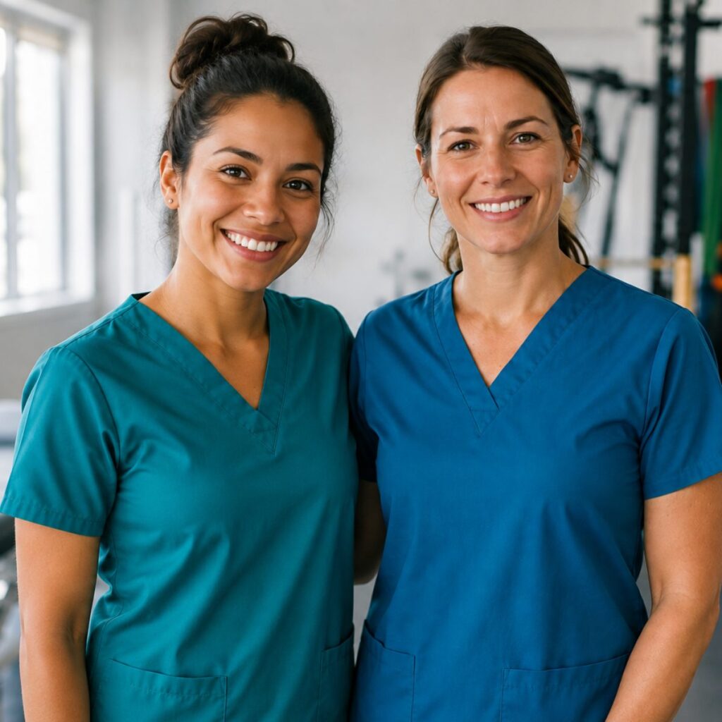 Two smiling physical therapists in scrubs in a rehab gym