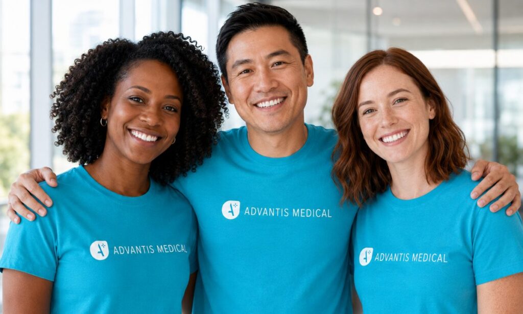 Three smiling Advantis Medical travel nurses in matching teal shirts